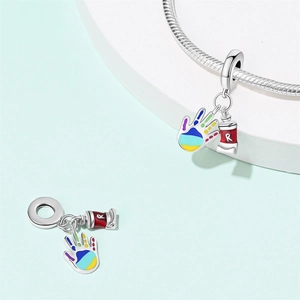 Artistic enamel hand and red tube pendant on silver snake chain for DIY jewelry
