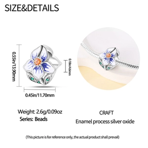 Detail of blue enamel flower bead charm with dimensions and wrist styling view