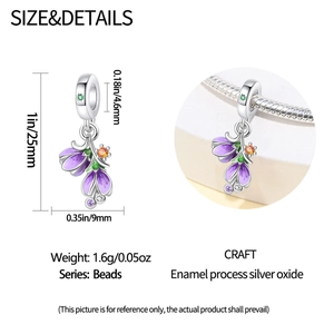 Detail of purple enamel heart flower charm with dimensions 25mm height and 1.6g weight