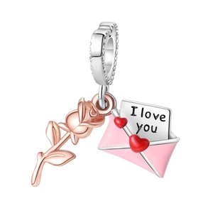 Silver and rose gold charm with pink envelope and 'I love you' rose design
