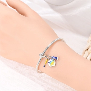 Artist palette and paintbrush charm bracelet in silver plated copper for DIY jewelry