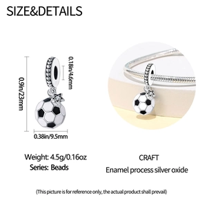 Detailed view of enamel soccer ball charm with star zircon and dimensions in inches