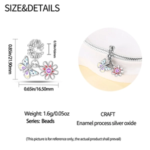 Detail of silver daisy and enamel butterfly charm with precise dimensions and weight