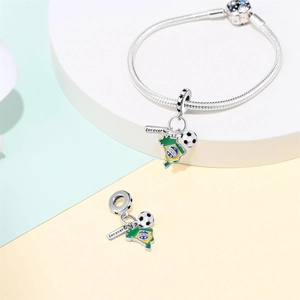 Detail of silver snake chain bracelet with Brazil map and 3D soccer ball charms