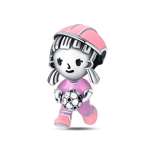 Detail of 925 silver plated football girl charm with pink enamel for DIY bracelets
