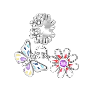 Silver-plated Mother's Day charm with colorful butterfly and purple daisy pendant