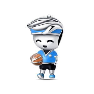 Macro detail of a 925 silver cartoon basketball boy charm with blue jersey and ball