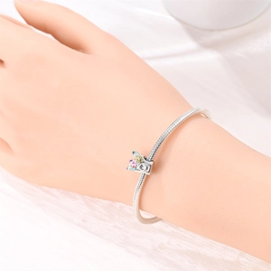 Detail of silver snake chain bracelet featuring a colorful enamel camera charm on wrist