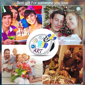 Artistic palette charm with ART engraving shown in various holiday gift-giving scenes