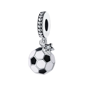 925 silver soccer ball charm with black enamel, heart-engraved ring, and sparkling star detail