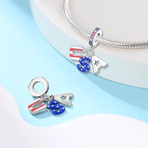 925 Silber USA Flagge Buchstaben Anhänger mit Emaille und Zirkonia für Armbänder