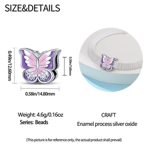 Detailansicht des S925 Silber Schmetterling Charms mit lila Emaille und Abmessungen