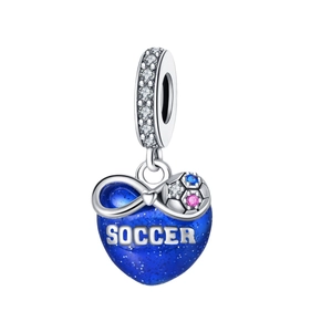 Blue glitter enamel soccer heart charm in silver finish with colorful zircon stones