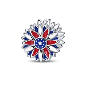 Detail of flower charm bead with American flag enamel colors and star pattern center