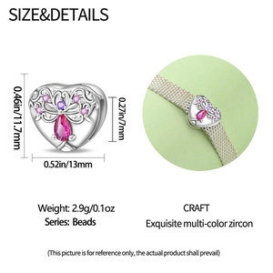 Detailed size view of silver heart bead with pear-shaped pink zircon and vine texture