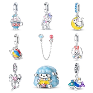 Perle de Charme Chat Animal DIY Plaqué Argent Sterling 925 Émail Zircone Pendentif Pour Bracelets Bijoux Femme Cadeau Sans Chaîne