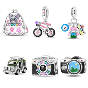 925 Ασήμι Sterling Θέμα Ταξιδιού Charms Φωτογραφική Μηχανή Ποδήλατο Σακίδιο Πυξίδα Χάρτης Για DIY Βραχιόλι Γυναικεία Κοσμήματα Δώρο