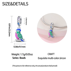 Colorful parrot charm in 925 silver finish with enamel and cubic zirconia for bracelets