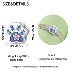 Silver paw print charm with blue and pink zircons, detailed size 11.5x12.8mm shown