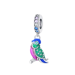 DIY bird charm for bracelet with colorful enamel inlay and sparkling zircon stones