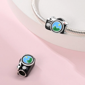 925 silver camera charm with landscape lens and white zircon on snake chain bracelet