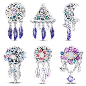 Silver Plated Bohemian Dreamcatcher Moon Star Butterfly Charms With Rhinestones And Enamel For DIY Bracelet Jewelry Making