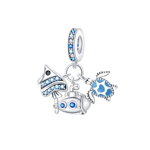 Charm marino con tartaruga blu, pesce tropicale e sottomarino, finitura in argento 925