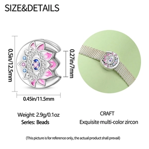 Detailed dimensions of silver lotus bead with pink and blue stones for DIY bracelets