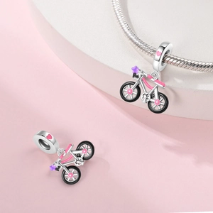 Silver bicycle charm bead with pink enamel frame and floral detail for DIY bracelets