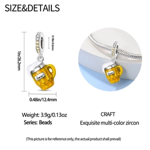 Detailed view of 925 silver beer mug charm with dimensions and zircon inlay on a chain