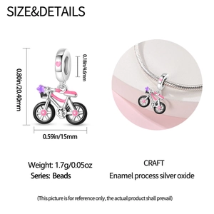 Detailed size specifications and charm usage of a 925 silver bicycle bead on a bracelet