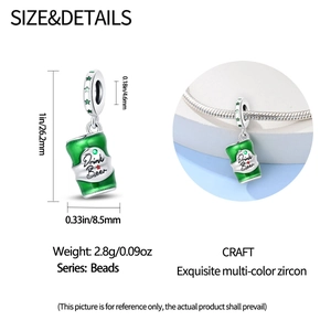 Detail view of 925 silver green beer mug charm with dimensions 26.2mm for DIY bracelets