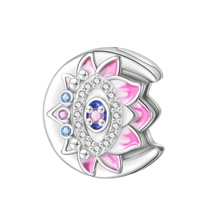 925 silver Evil Eye charm with pink lotus petals and colorful zircon for DIY bracelets