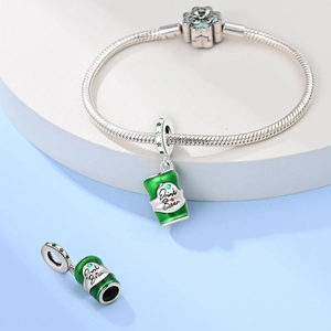 Close-up of green enamel beer can charm with Drink Beer text on silver snake chain