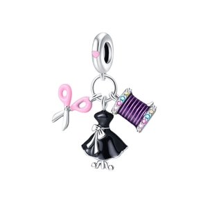Silver sewing charm set with pink scissors, black dress, and purple gemstone spool