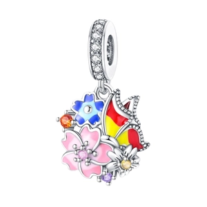 Pendente smaltato fiori di ciliegio e farfalla in argento 925 con zirconi colorati