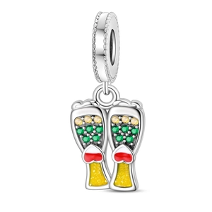Detail of silver beer mug charm with green zircon stones and heart motif for bracelets