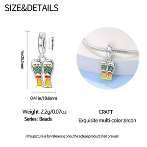 Detailed size chart of beer glass charm with multi-color zircon in 925 silver finish