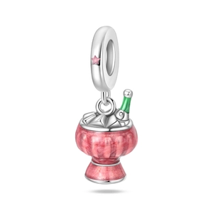 Detail view of pink glitter champagne bucket charm with green bottle and star element