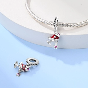 Silver beer glass charm with red enamel, white heart and pink star for DIY bracelets