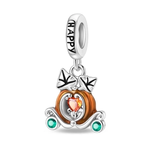 Detail of pumpkin carriage charm with orange enamel and engraved HAPPY text on the bail