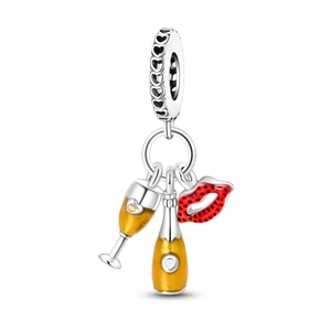 Detail of silver beer glass, bottle and red lips charms with heart cut-out ring