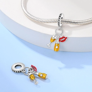 925 silver champagne bottle and red lip charms for DIY charm bracelets and jewelry