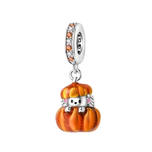 Silver hedgehog pumpkin charm with orange enamel and cubic zirconia for DIY bracelets