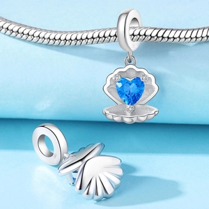 Nautical shell charm with blue heart stone and silver plating for DIY bracelets