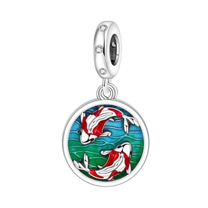 Detailed macro view of silver koi fish charm with colorful enamel and sparkling zircons