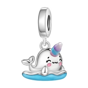 Close-up of a silver narwhal charm with gradient horn and colorful enamel details