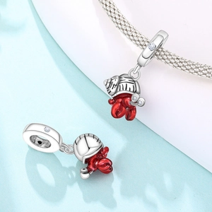 S925 silver hermit crab charm with red enamel and zircon detail on a snake chain bracelet