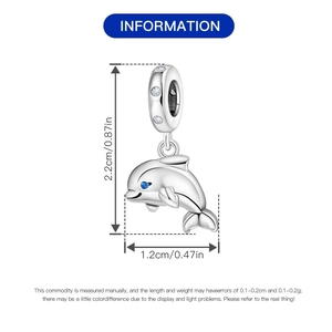 Detailed size specifications of silver dolphin charm with blue and white zircon stones