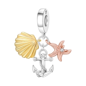 Three-piece marine charm with silver anchor, gold scallop, and rose gold starfish detail